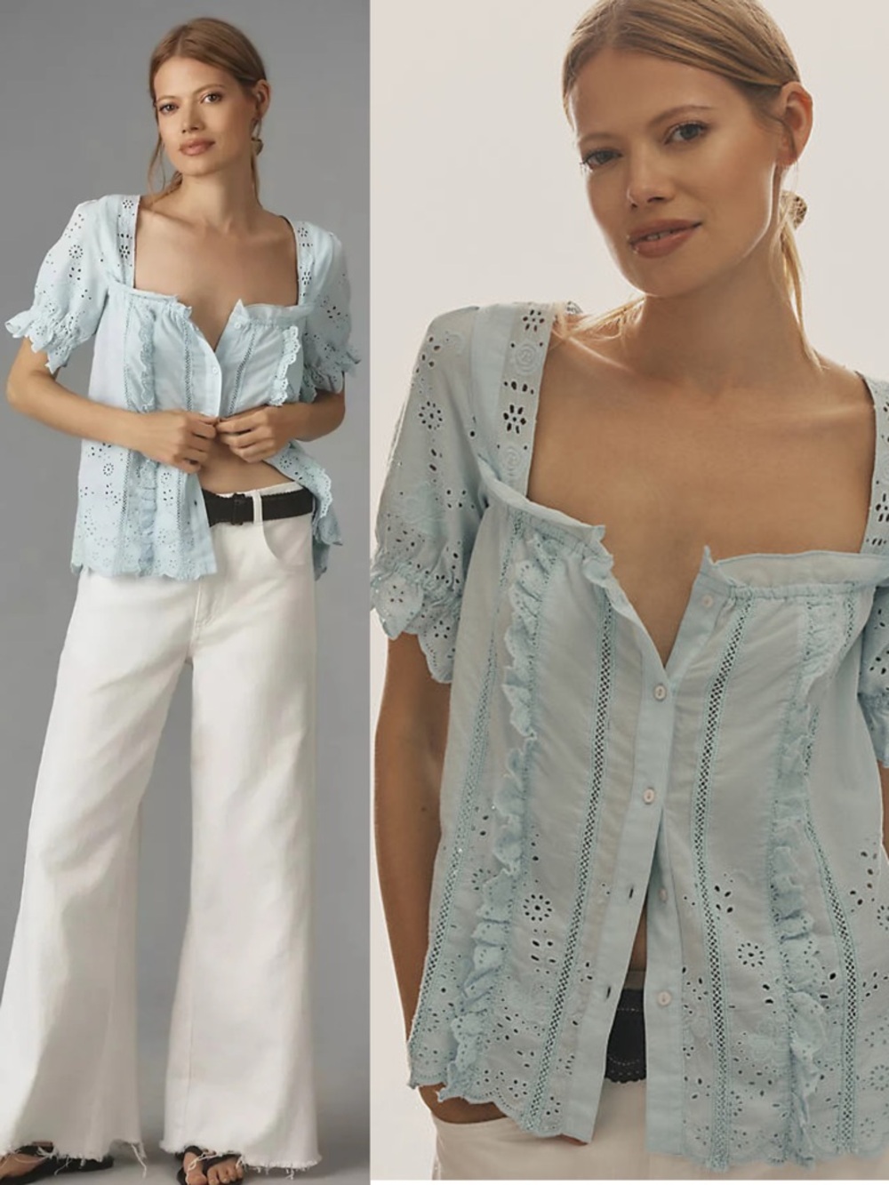 Anthropologie Light Blue Eyelet Ruffle Button-Front Blouse